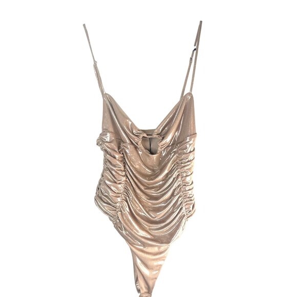 ZARA Shimmer Ruched Bodysuit XL Metallic Shiny Gold Polyester/Elastane NWT - Picture 7 of 15